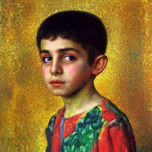 Prompt: painting _ of _ vivid _ colors _ iraqi _ child _ in _ fr boy ont _ of _ a _ gustav _ klimt _ wallpaper _ by _ andr oid _ jones _ detailed _ matte _ painting _ 8 k _