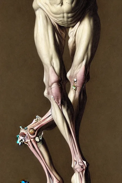 Image similar to human calf and tibia artists anatomy in the style of wayne barlowe, gustav moreau, goward, bussiere, roberto ferri, santiago caruso, luis ricardo falero, dali