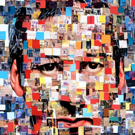 Prompt: portrait of keanu leaves, paper collage, mimmo rotella.