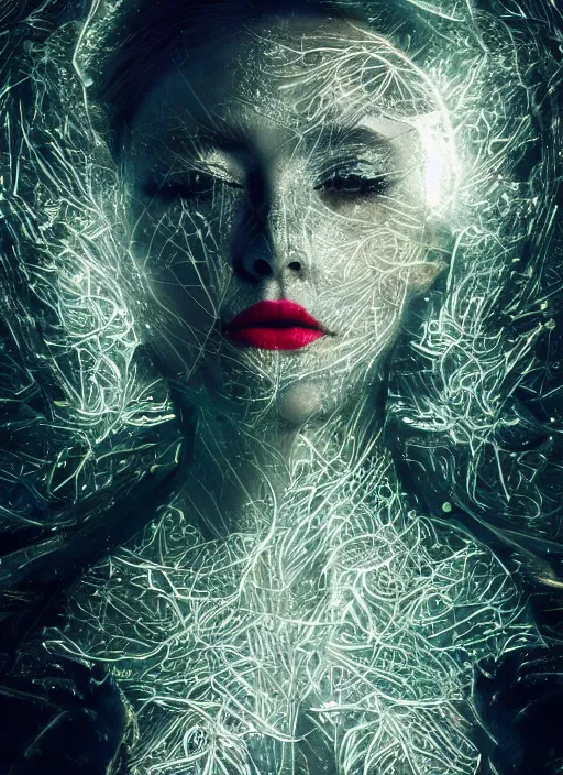 Image similar to double exposure effect, glowing silver and golden elements, female portrait model from shutterstock as a dark witch, book cover, green forest, white moon, red lips, establishing shot, extremly high detail, photo-realistic, cinematic lighting, pen and ink, intricate line drawings, by Yoshitaka Amano, Ruan Jia, Kentaro Miura, Artgerm, post processed, concept art, artstation, matte painting, style by eddie, raphael lacoste, alex ross