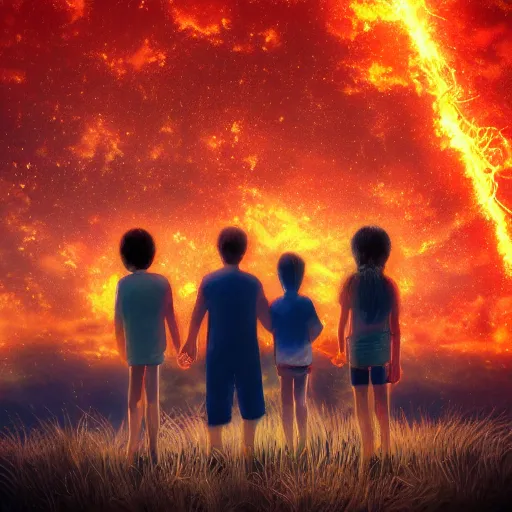 Image similar to family hugging, apocalyptic, meteors falling, background, sky, on fire, dramatic lighting, digital art, beautiful!!!!!!!!!!, 8K, dark lighting, trending on Artstation, award winning, blue, red