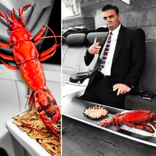 Image similar to cross between a lobster and a mobster, a lobster lobster, mafia lobster