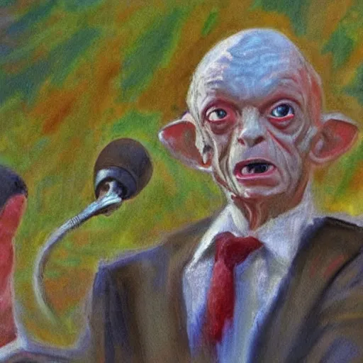 Image similar to impressionist painting of president gollum giving a speech