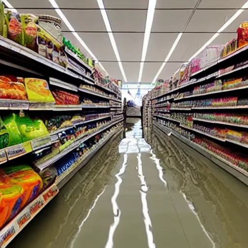 Image similar to photo of a grocery store interior, the floor is flooded with two meters deep water. eerie, volumetric lighting.