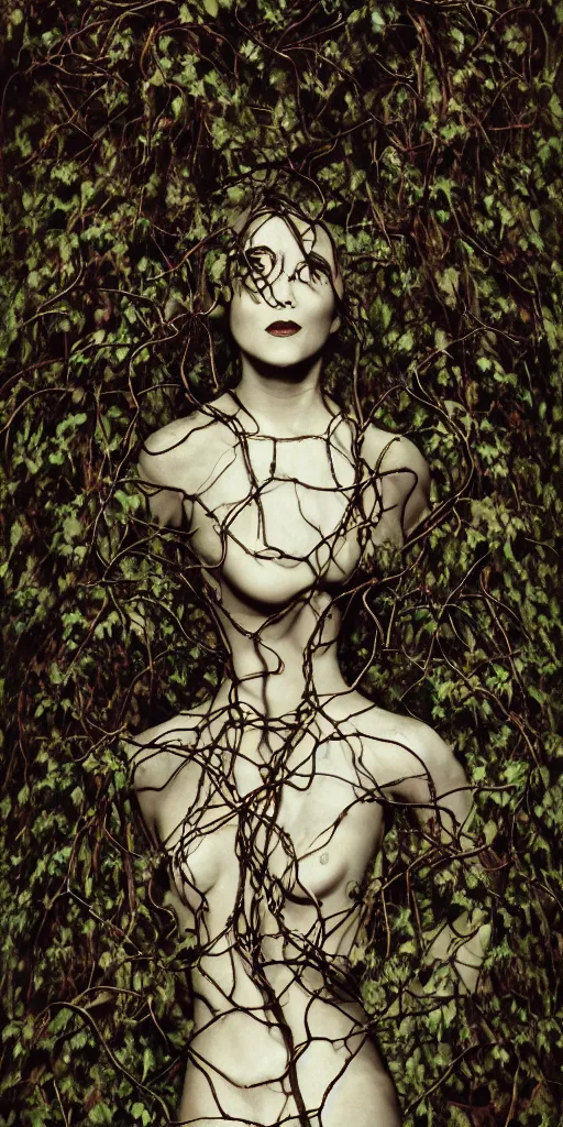 Prompt: portrait, sorceress, gripped by vines and veins, occult, robotic bust, body ribs meshes,, volumetric light, vespertine, honeysuckle, rim light, by dora maar and richard avedon, gothic, gothique, 8 k