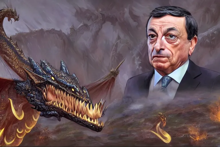 Image similar to Mario Draghi on a dragon fantasy art realistic incredible