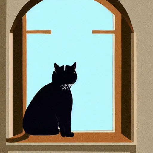 Prompt: a beautiful landscape through a window, cat sitting on the edge of thethe window, illustration, digital art, trending on artstation, no signature