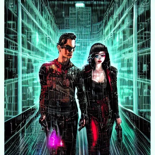 Image similar to An epic fantasy comic book style full body portrait painting of very beautiful cyberpunk hackers Matt Bomer and Emma Stone in the rain, neon reflections in the rain puddles, stunning 3d render inspired art by Tim Okamura and Lise Deharme + perfect facial symmetry + dim volumetric lighting, 8k octane beautifully detailed render, post-processing, extremely hyperdetailed, intricate, epic composition, grim yet sparkling atmosphere, cinematic lighting + masterpiece, trending on artstation, very very detailed, masterpiece, stunning