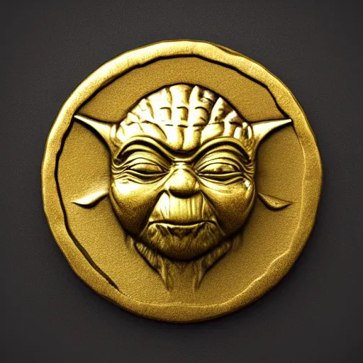 Prompt: An ancient gold coin with the yoda on it , cinematic, hyper realism, high detail, octane render, 8k