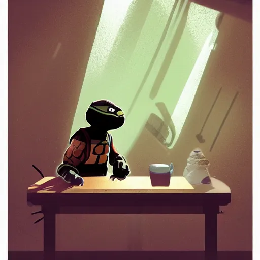 Image similar to a single muscular ninja teenage mutant turtle in a spacesuit drinks a steaming cup of tea at wooden desk in a sci-fi space station. :: by beeple and James Gilleard and Justin Gerard :: the autumn light comes in through a window and dimly illuminates the room. intricate, elegant, highly detailed, trending on artstation, smooth, sharp focus, octane render!!!