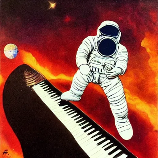 Prompt: astronaut playing keyboard by frank frazetta