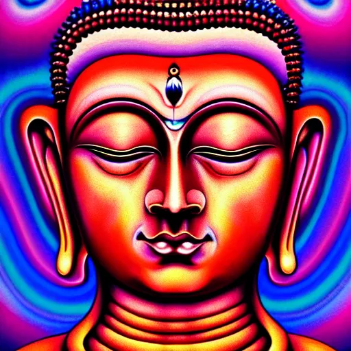 Image similar to An extremely psychedelic portrait of Buddha, surreal, LSD, face, detailed, intricate, elegant, lithe, highly detailed, digital painting, artstation, concept art, smooth, sharp focus, illustration