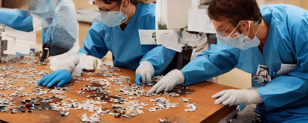 Image similar to a surgeon with realistic hands using a scalpel on a jigsaw puzzle on a table