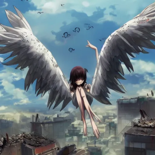 Prompt: hundreds of sad angry sobbing anime girls with wings flying over destroyed city and homes, highly detailed