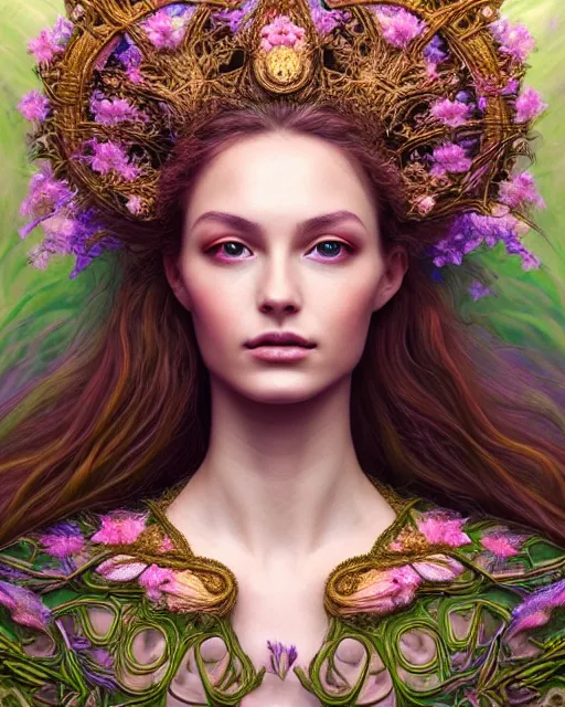 Prompt: portrait of a beautiful goddess of nature, graceful beauty, esoteric, nature and floral aesthetics, other worldly colors, head in focus, intricate, elegant, highly detailed, artstation, artistic, concept art, hasselbrad photography, sharp focus, art style by emilia elfe