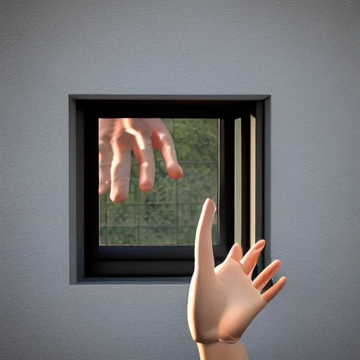 Prompt: 3 d rendered image of a human hand opening window, fresh air blender 3 d keyshot unreal engine