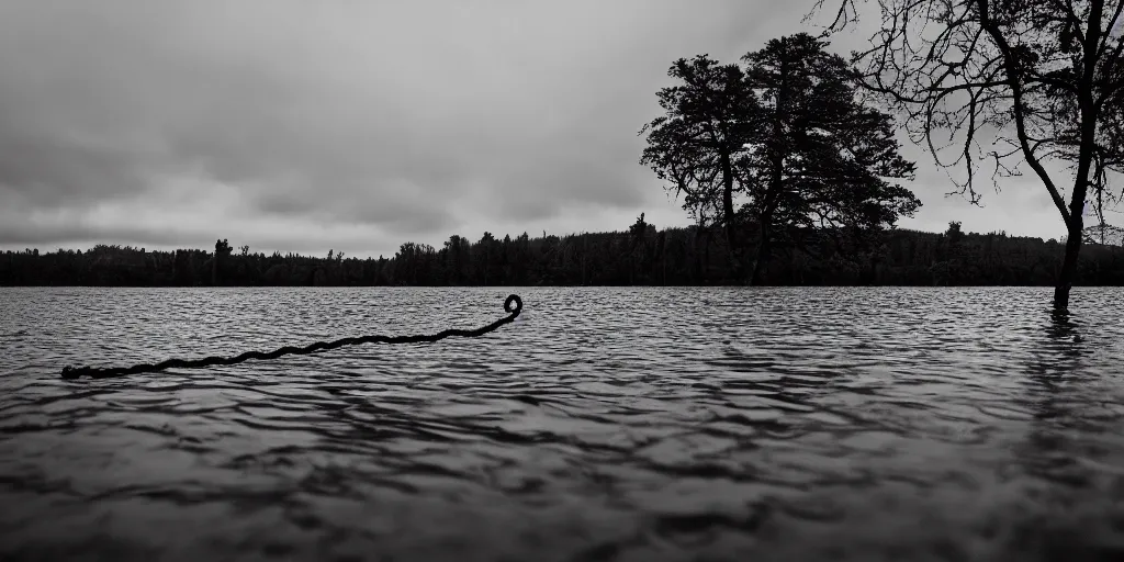 Prompt: symmetrical photograph of an infinitely long rope submerged on the surface of the water, the rope is snaking from the foreground towards the center of the lake, a dark lake on a cloudy day, trees in the background, moody scene, anamorphic lens