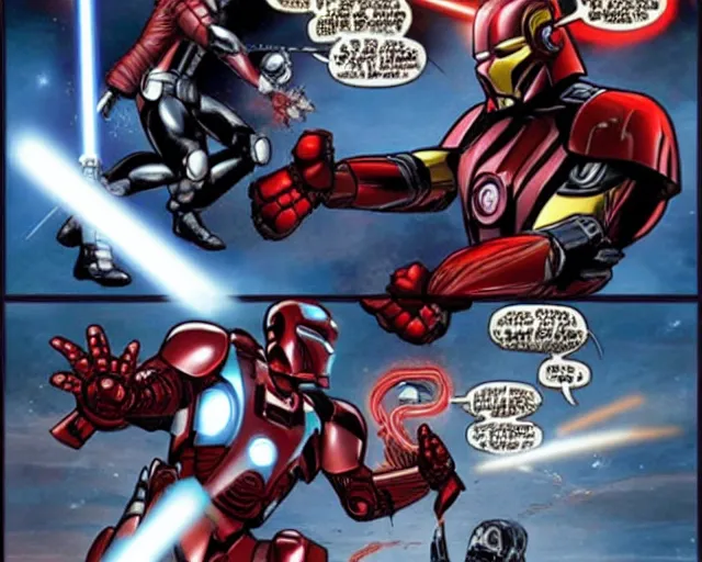 Prompt: a duel between iron man and darth vader