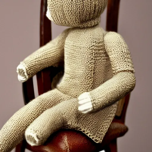 Prompt: knitted doll ryan gosling sitting on a chair, lethal preservation, proportions, high quality, realism, foreground focus,