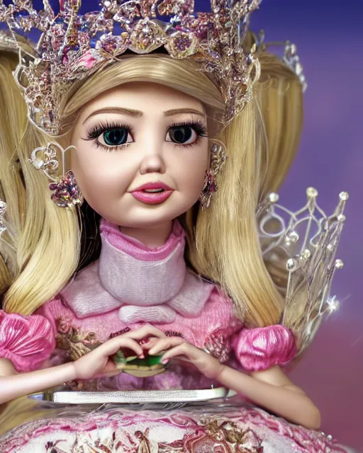 Prompt: highly detailed closeup, face profile portrait of a tin toy ivanka trump as a fairytale princess wearing a crown and eating cakes, bikini, depth of field, nicoletta ceccoli, mark ryden, lostfish, dan decarlo, bob clampett, max fleischer, breathtaking, detailed and intricate environment, 8 k resolution, hyperrealistic, octane render