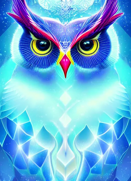 Image similar to symmetry!! product render poster vivid colors divine proportion owl, ice and snow, glowing fog intricate, elegant, highly detailed, digital painting, artstation, concept art, smooth, sharp focus, illustration,