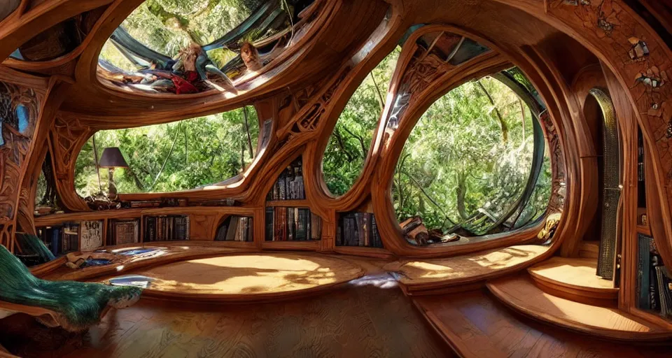 Prompt: A scene from a 2022 Marvel film featuring a cozy art nouveau reading nook in a fantasy treehouse. 8K UHD.