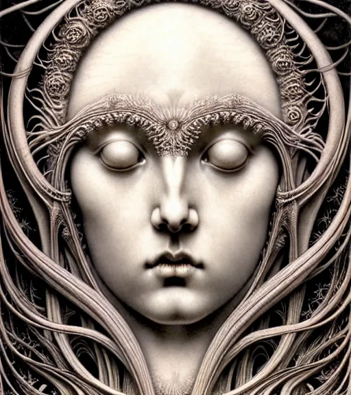 Image similar to detailed realistic beautiful porcelain moon goddess face portrait by jean delville, gustave dore, iris van herpen and marco mazzoni, art forms of nature by ernst haeckel, art nouveau, symbolist, visionary, gothic, neo - gothic, pre - raphaelite, fractal lace, intricate alien botanicals, ai biodiversity, surreality, hyperdetailed ultrasharp octane render