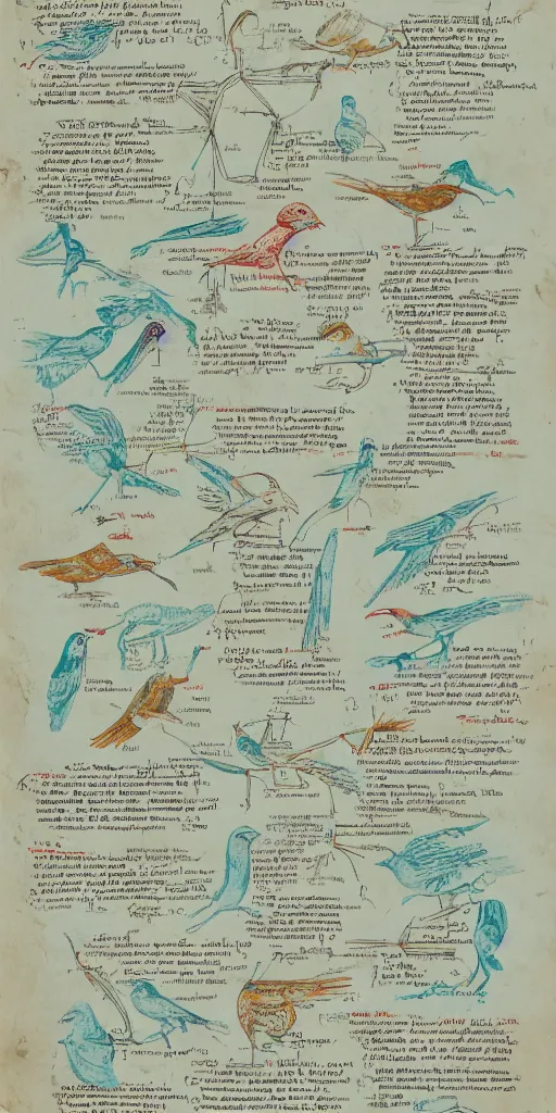 Image similar to anatomy of a bird, diagrams, map, marginalia, sketchbook, old script, inhabited initials, pastel infographic by Wes Anderson