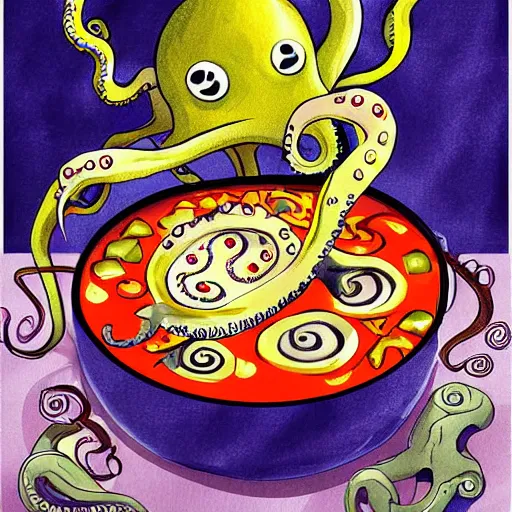 Image similar to occult anthropomorphic octopus chef cooking a delicious colorful soup, digital paintingl