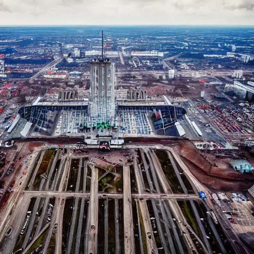 Image similar to Aerial photo of a Minsk city after apocalypse, Minsk Railway station, ultra detailed, High resolution, 4k, nuclear war, alien invasion