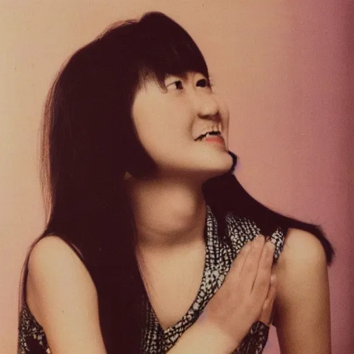 Prompt: 1 9 7 0 s record - album art of a young cute female japanese pop - idol who has yaeba slightly crooked teeth. high - quality high - resolution scanned image.