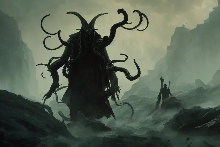 Image similar to cinematic still of Nyarlathotep going to battle on his eldritch steed as he charges the enemy, green mist, 4k, masterpiece, by Greg Rutkowski, Trending on Artstation