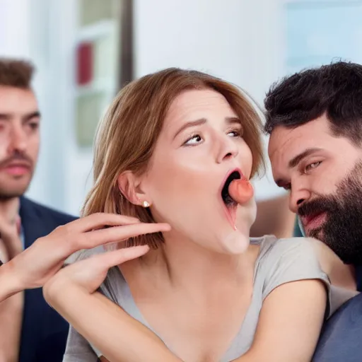 Image similar to a man licking a women's hair, the women's eyes are looking at the man who is to her left.