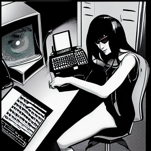 Image similar to a goth computer nerd sitting in front of computer screen, by mike deodato, small details, aesthetic,