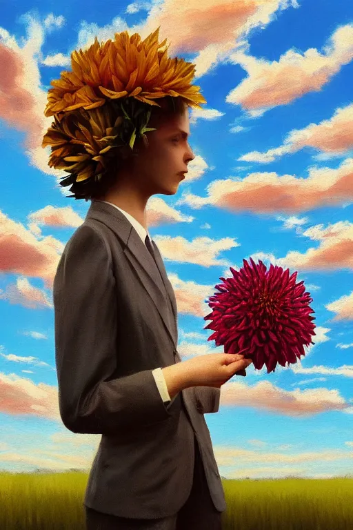 Image similar to closeup giant dahlia flower head, girl in a suit, street, surreal photography, blue sky, sunrise, dramatic light, impressionist painting, digital painting, artstation, simon stalenhag