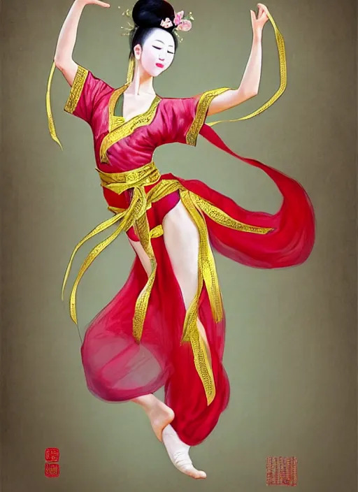 Prompt: full body portrait of a dancer doing chinese ribbon dance, feet, barefoot, full body, vivacious, extremely beautiful, gold jewelry, hanfu, ribbon dance, aerial silk, large flying ribbons, ming dynasty, detailed, realistic face, anatomically accurate, fantasy art, wlop.