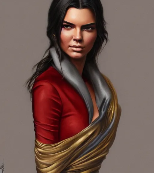 Image similar to kendall jenner wearing a golden dress, grey hair, red necktie, cinematic, stunning, highly detailed, digital painting, artstation, smooth, hard focus, full body shot, illustration, art by artgerm and greg rutkowski and alphonse mucha