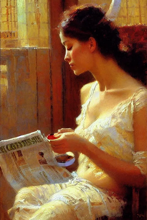 Image similar to attractive woman drinking coffee and reading newspaper, painting by gaston bussiere, craig mullins