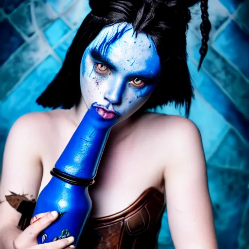 Prompt: a dnd Triton girl with blue skin and messy black hair drinking from a leather wine flask, a little blue-skinned girl with messy black hair sharp pointed ears freckles along the ridges of her cheeks, dnd triton, high resolution film still, 4k, HDR colors