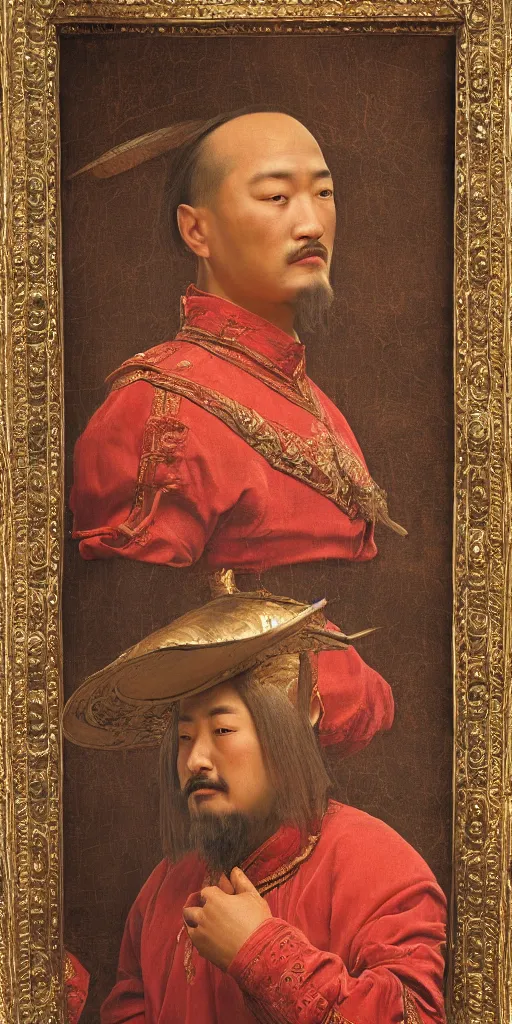 Image similar to Highly detailed and cinematic Renaissance period portrait oil painting Kublai Khan, an oil painting ((masterpiece)) by ((Josep Tapiró Baró)), dynamic lighting, 8K