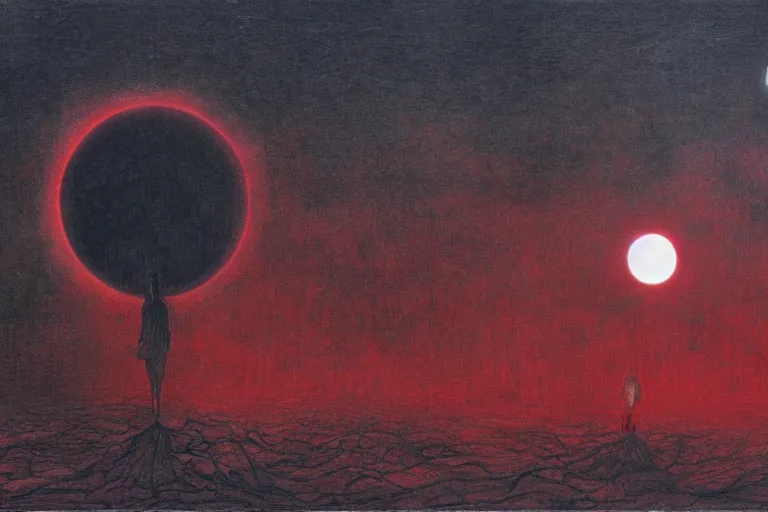 Image similar to people activate behelit in the middle of eclipse, human sacrifice , Old testament angel, dark sky, red cloud, sea of blood, beksinski