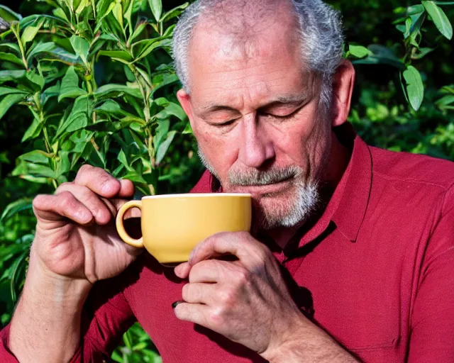 Image similar to mr robert is drinking fresh tea, smoke pot and meditate in a garden from spiral mug, detailed focused face, muscular hands, golden hour closeup photo, red elegant shirt, eyes wide open, ymmm and that smell