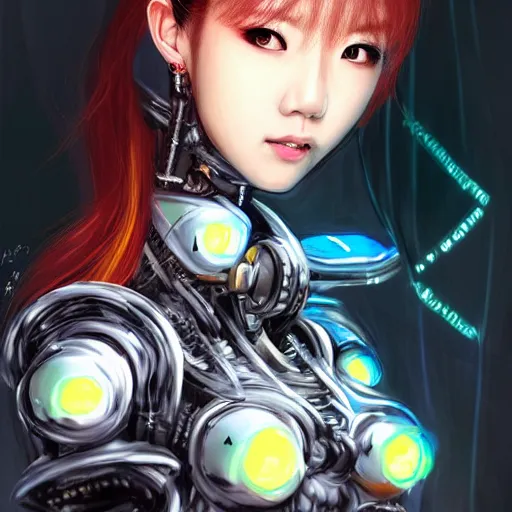 Image similar to a highly detailed portrait of a kpop idol mecha lady in spiked cyberpunk bioarmor trending on artstation by yoshitake amano