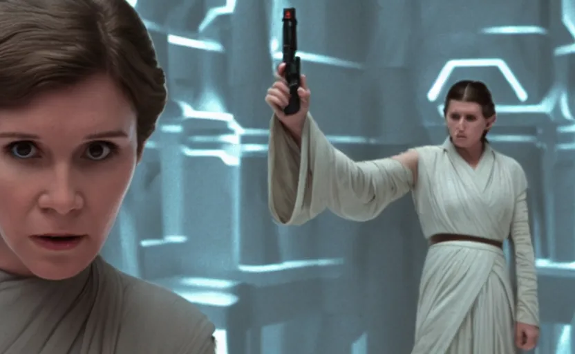 Prompt: screenshot portrait Leia learning the force at Jedi Temple scene from the last jedi, 1970s film by Stanley Kubrick, serene, iconic scene, stunning cinematography, hyper detailed, sharp, anamorphic lenses, kodak color film, 4k