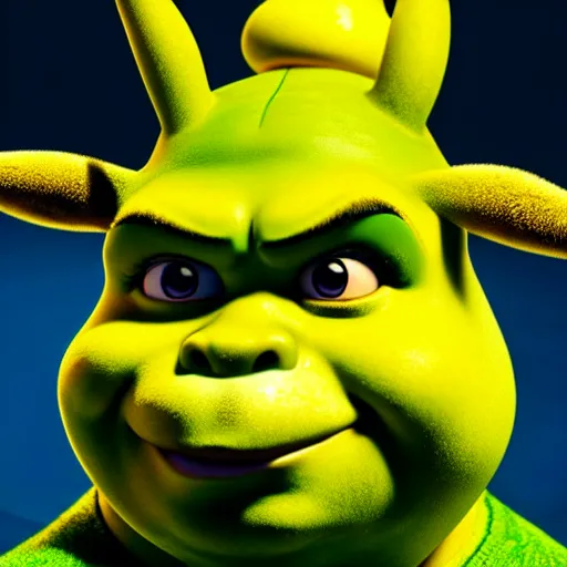 Image similar to shrek as pikachu, highly detailed, extremely high quality, hd, 4 k, 8 k, canon 3 0 0 mm, professional photographer, 4 0 mp, lifelike, top - rated, award winning, realistic, detailed lighting, detailed shadows, sharp, no blur, edited, corrected, trending