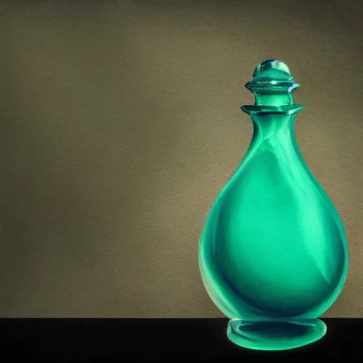 Prompt: a realistic painting of a medieval highly detailed glass stained aqua colored potion bottle, lit by a single ray of sunlight in a dark dusty vintage science lab, by h. r. giger, hyperrealistic fantasy art, concept matte, ethereal, dreamy, digital art, trending on artstation, volumetric cinematic lighting