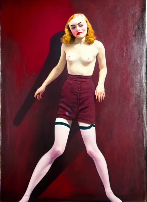 Image similar to oil painting of AnnaSophia Robb, stockings, WWII soldier uniform, frozen stare in a void room of existential maroon horror painted by John Singer Sargant, inspired by paintings of Francis Bacon and Bryan Lee O'Malley and Edward Hopper