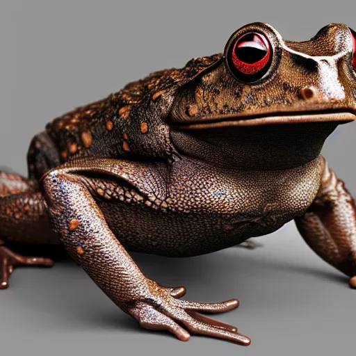 Image similar to photograph of batman cane toad, wearing smooth froggy batsuit, alluring hero pose, its just a frog wearing a batman costume, painterly, breathtaking stande, triumphant, ornate, intricate, hyper detailed, accent lighting, dramatic light, 4 k octane render