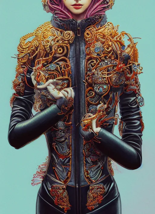 Image similar to skintight leather jacket : : by martine johanna and simon stalenhag and chie yoshii and casey weldon and wlop : : ornate, dynamic, particulate, rich colors, intricate, elegant, highly detailed, centered, artstation, smooth, sharp focus, octane render, 3 d