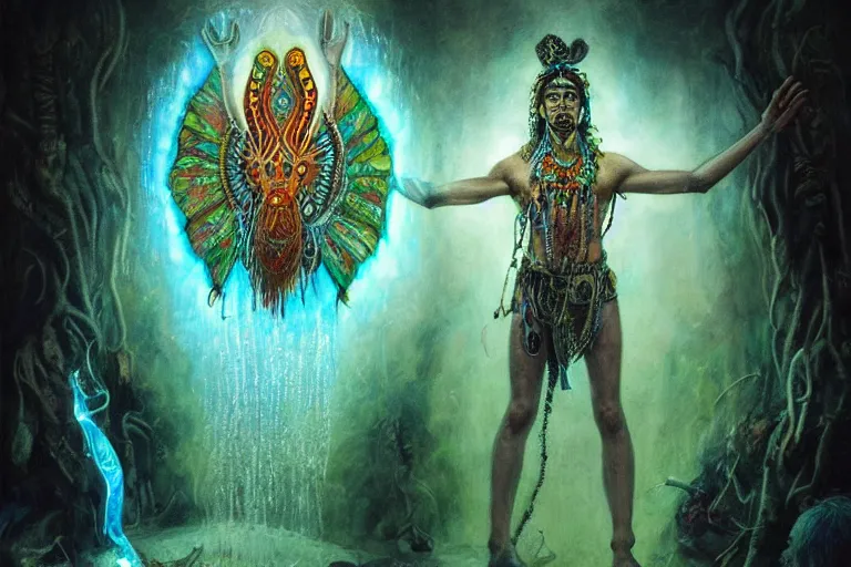 Image similar to psychedelic shaman with trinket necklace, epic angle and pose, reflective pool, symmetrical artwork, ayahuasca, translucent, fungus, energy flows of water and fire, highly detailed, epic cinematic concept art, excellent composition, dystopian brutalist atmosphere, dynamic dramatic lighting, aesthetic, very inspirational, arthouse, Greg Rutkowski, Artgerm